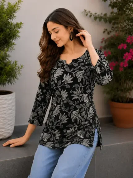 Floral Print Cotton Blend Straight Kurta for Women
